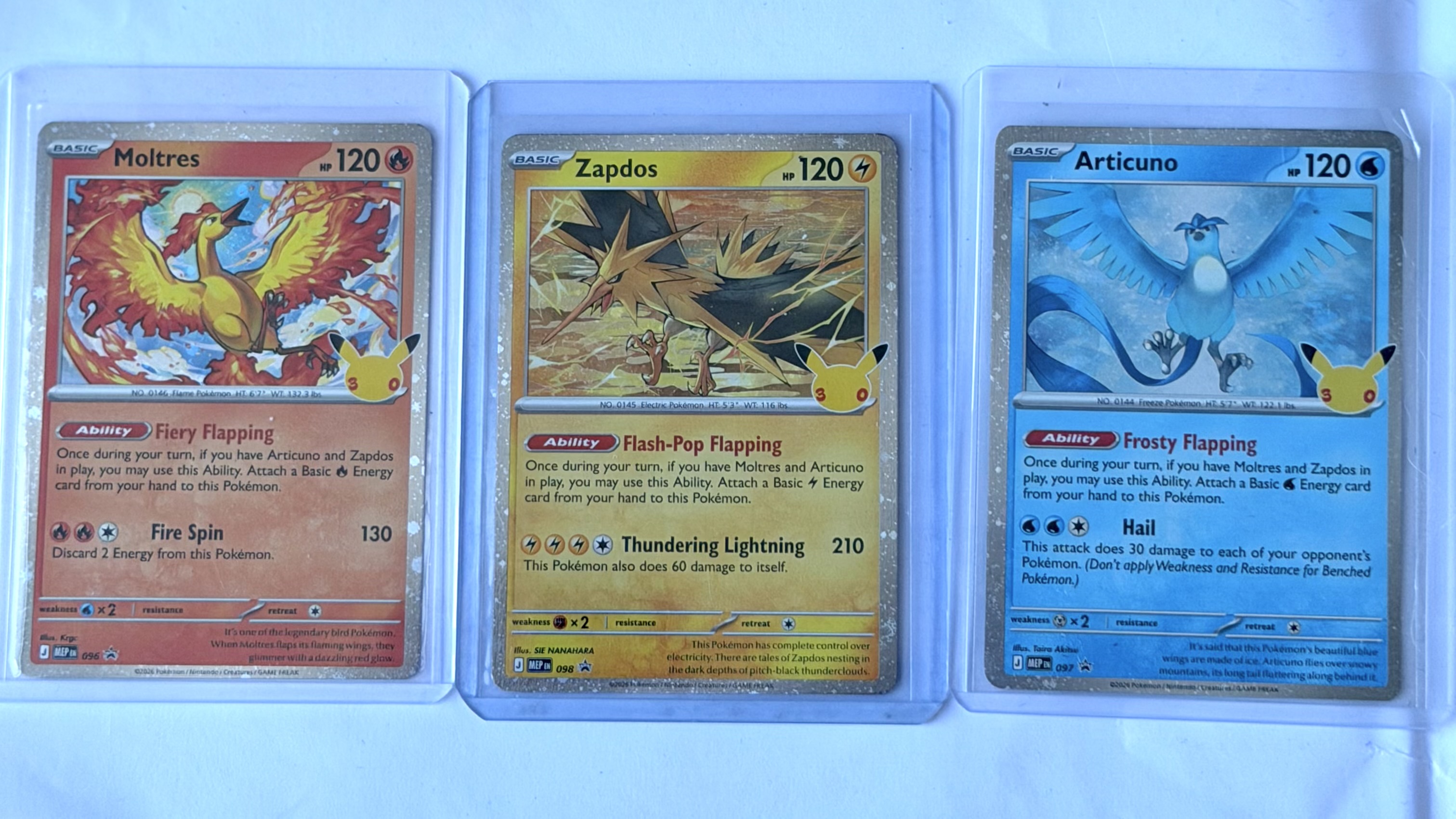 Coleccion cartas 3 aves legendarias Moltres + Zapdos + Articuno