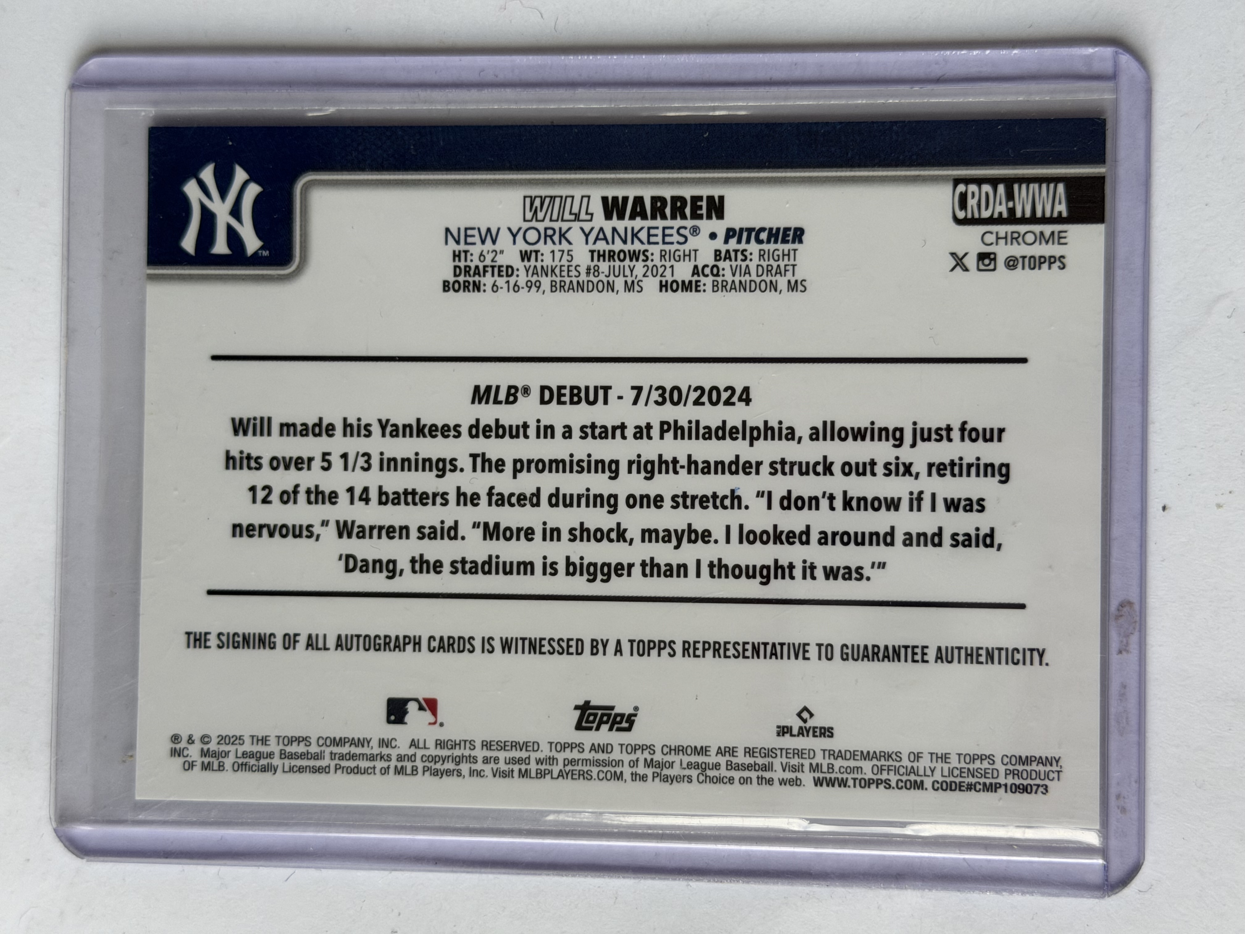 Carta Rookie Will Warren 127/299 Auto